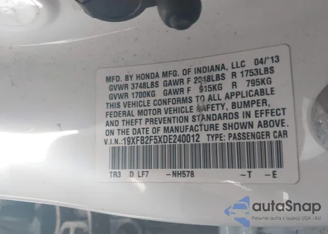 2013 Honda Civic Lx z USA, uszkodzony, nr VIN 19XFB2F5XDE240012